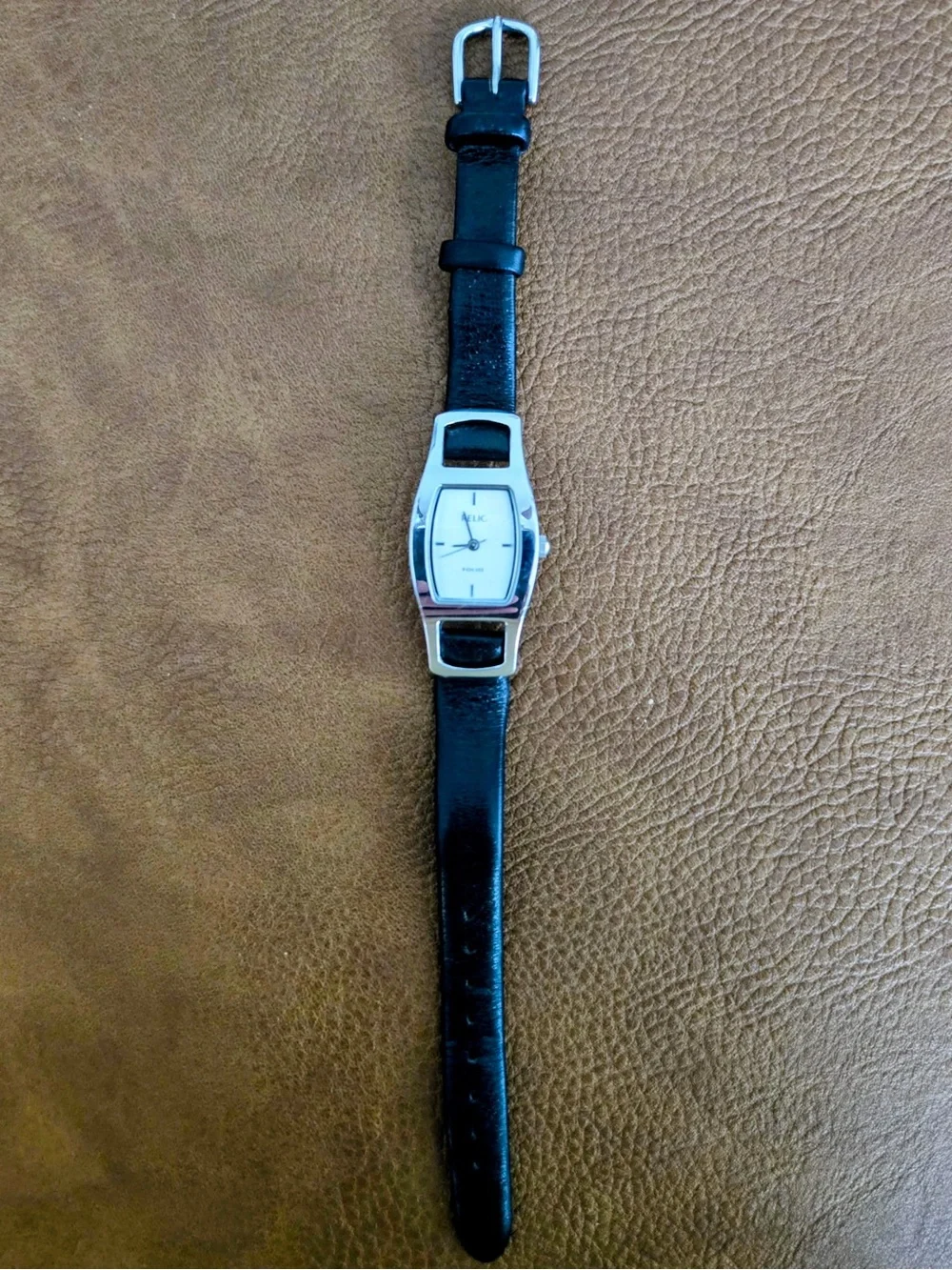 Relic Silver tone Classic Black Leather Strap Watch